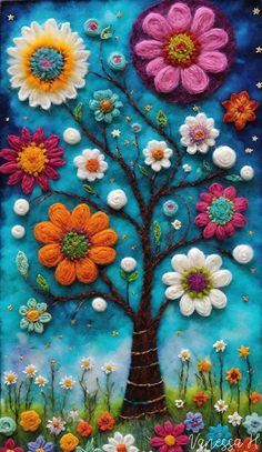 a painting of a tree with flowers on it