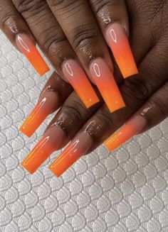 Neon Nails Acrylic Coffin Long, Bright Orange Ombre Nails, Rappers Nails, Orange Tapered Square Nails, Bright Ombré Nails, Orange Ombre Acrylic Nails, Orange Square Acrylic Nails, Bright Summer Acrylic Nails Square, Orange Nail Ideas Summer