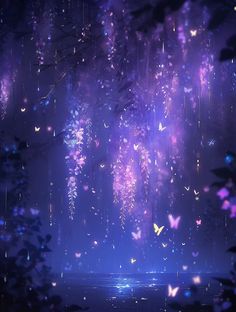 purple butterflies flying in the air over water at night with trees and lights behind them