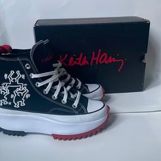 Platform Worn Once Canvas Material Men's Converse, Shoes Converse, Converse Black, Keith Haring, Converse Shoes, Mens Shoes Sneakers, Canvas Material, Black Red, Men's Shoes