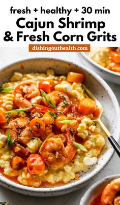 cajun shrimp and fresh corn grits with text overlay