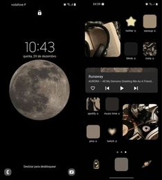 an iphone screen with the moon in the background and other images on it's side