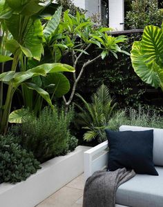 a white couch sitting in front of a lush green plant filled wall next to a building