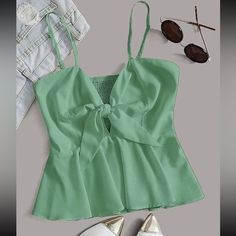 Women's Cute V Neck Solid Ruffle Hem Peplum Camisole Top Green Summer Camisole Top, Green Camisole Top For Summer, Green Vest Tops For Vacation, Green Sleeveless Camisole For Day Out, Green Spaghetti Straps Tops For Summer, Sleeveless Green Blouse For Brunch, Chic Green Tops With Spaghetti Straps, Chic Green Spaghetti Strap Tops, Green Cami Blouse For Spring