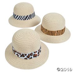 three hats with animal print ribbon around the brim and one has a tiger stripe band