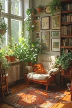 a living room filled with lots of plants and bookshelves on top of a hard wood floor