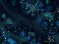 an aerial view of the night sky with many stars and planets in blue, green and black