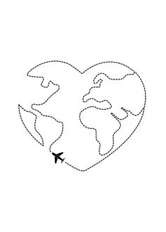 an airplane flying over the earth in the shape of a heart on a white background