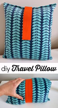 a pillow with an orange ribbon on it and the words diy travel pillow below