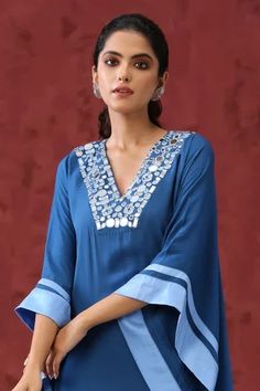 Shop for Minaki Blue Georgette Mirror Embroidered Neckline Kaftan for Women Online at Aza Fashions Embroidery Mirror Work, Blue Kaftan, Embroidery Mirror, Satin Embroidery, Kaftan For Women, Potli Bag, Pattern Embroidery, Embroidered Neckline, Satin Color