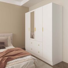 a bed sitting next to a tall white cabinet in a bedroom