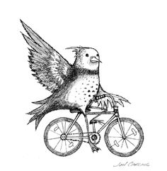 a bird sitting on top of a bike with wings flying over it's head