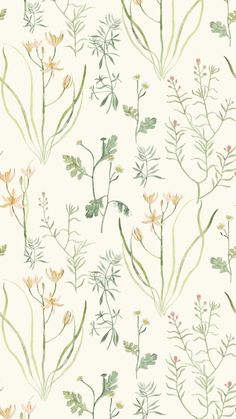 a white wallpaper with green and yellow flowers