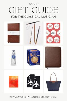 the gift guide for the classical musician includes items from music and company, including a notepad, pen, notebook, pencils, pens, and more