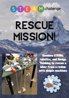 a poster with the words rescue mission written on it and an image of mountains in the background