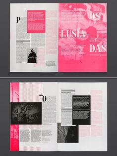 an open magazine is shown with pink and black graphics on the front, side and back pages