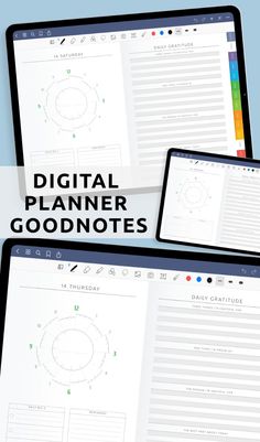 two laptops sitting next to each other with the text digital planner goodnotes on them