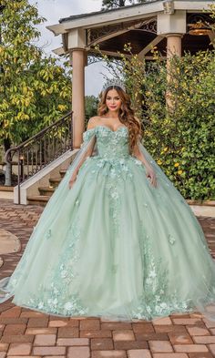 Sage green pastel quinceanera dress with off the shoulder straps and sweetheart neckline. Sage Quince Dress, Pastel Quinceanera Dresses, Sage Green Quinceanera Theme, Sage Green Quinceanera Dresses, Green Quinceanera Theme, Pastel Green Dress, Quince Planning, Green Quinceanera Dresses, Green Quince