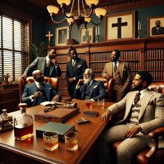 a group of men in suits sitting around a table with drinks and cigars on it