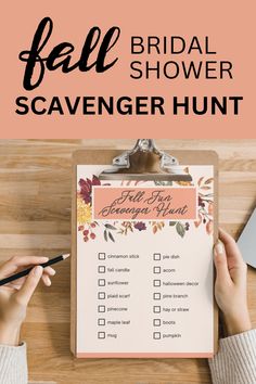 a person holding a clipboard with the words fall bridal shower scavenger hunt on it