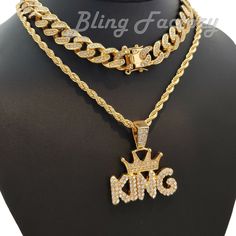 Hip Hop Gold PT Crowned KING w/ 24" Rope Chain & 18" Iced Cuban Necklace Set HIP HOP CELEBRITY STYLE BRAND NEW USA SELLER Product Description Hip Hop Iced Cuban Choker Chain  Hip Hop Celebrity Style Chain 12mm 18" Iced Cuban Chain Lab Diamonds on Chain & Pendant 14K Gold plated King Necklace  Hip Hop Celebrity Style Style Pendant Size : 40mm x 28mm Lab Diamonds 14K Gold plated High Quality and polished. Payments: US Customers: Paypal accepted International Customers: Paypal accepted Shipping: Fo Betty Boop Jewelry, King Necklace, Cuban Choker, Cuban Necklace, Choker Chain, Cuban Chain, Chain Pendant, Rope Chain, Betty Boop