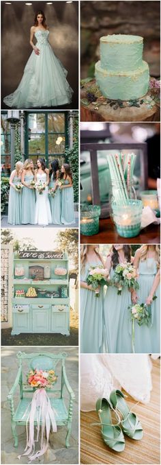 a collage of different pictures with green and blue wedding colors, including the bride's dress