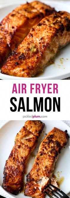 grilled salmon on a white plate with the words air fryer salmon