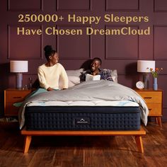 two women sitting on a bed with the words, $ 3500 happy sleepers have chosen dreamcloud