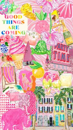 a collage of pink, yellow and green items with the words good things are coming