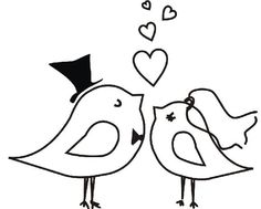 two birds kissing each other with hearts coming out of their beaks