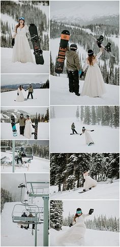 a series of photos showing people on skis and snowboards in the snow with trees behind them