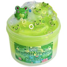 froggy freeze sorber in a plastic container with bubbles on the lid and eyes