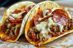 two tacos sitting on top of a cutting board covered in cheese and pepperoni