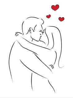 a drawing of a man hugging a woman with hearts flying around him on a white background