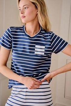 The LAKE Pima Wide Leg Pajama Set in Mixed Breton Stripe, a playful palette of navy and white, features a fitted short-sleeve crewneck top with cropped, wide-leg pants with an elastic waistband. A contrast chest pocket and pant cuff add an eye-catching twist. Made from 100% Pima cotton. Navy Short Sleeve Tops For Loungewear, Lake Pajamas, Playful Palette, Cuffed Pants, Sleepwear & Loungewear, Height And Weight, Pima Cotton, Navy And White, Pajama Set