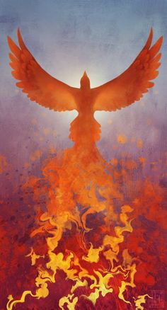 a painting of a bird with its wings spread out in front of fire and sky