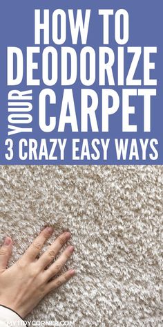 someone's hand on the carpet with text overlay that reads how to deodorize your carpet 3 crazy easy ways