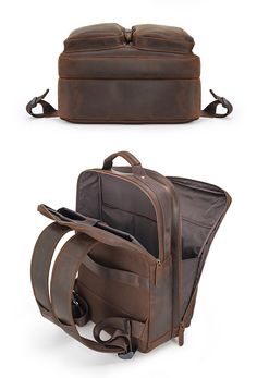 Features: Full grain vintage leather 12.5 x 5.5 x 17.3 Inch About 4.8 Ibs Multi main pockets Padded pocket for up to 15.6" laptop Different sizes inside pockets for cards. pens. etc. Four front pockets for accessories Breathe freely back design Durable&adjustable canvas straps