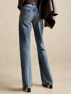 The Rigid Bootcut Jean | Banana Republic Denim Blue Rigid Denim Flare Jeans For Fall, Vintage Straight Leg Flare Jeans For Fall, Fitted Flare Jeans In Faded Rigid Denim, Fall Flare Jeans In Denim Blue Rigid Denim, Fall Faded Rigid Denim Flare Jeans, Fall Flare Jeans In Denim Blue, Vintage Fall Flare Jeans, Denim Blue Cotton Straight Leg Flares, Modern Fitted Flare Jeans In Rigid Denim