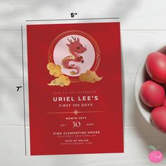 a red and gold chinese new year's eve party card next to some eggs