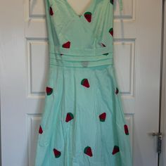 Voodoo Vixen 1950s Style Mint Embroidered Watermelon Swing Dress Purchased Through Unique Vintage 100% Cotton Has Pockets Mint Green With Embroidered Watermelon Slices Size: Xxl Bust: 40 Waist: 36 Length: 39 Embroidered Watermelon, Watermelon Slices, 1950s Style, Dress Purchase, 1950s Fashion, Swing Dress, Unique Vintage, Mint Green, Watermelon