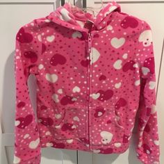 Pink Zippered Jacket With Hood; 100% Polyester; Heart Design; Never Worn Cute Pink Fleece Outerwear, Pink Hooded Fleece Jacket For Spring, Cute Fleece Outerwear For Winter, Cute Hooded Fleece Outerwear, Jacket With Hood, Childrens Place, Kids Jacket, Heart Design, Pink Red