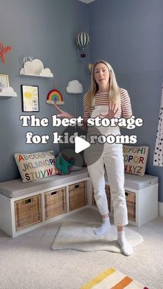 a woman standing in front of a blue wall with the words, the best storage for kids rooms