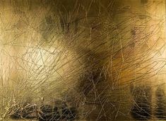 an abstract painting in gold and brown with thin brush strokes on the bottom half of it