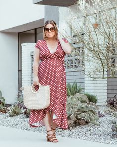 French Girl Inspiration, brown with white polka dots, wrap dress, layered necklaces, gold pendant necklace, circle handle straw bag, strappy brown block heels, oversized cat-eye sunglasses, style inspiration, los angeles fashion blogger, personal stylist, the best summer trends of 2018, weekend outfit, holiday outfit, French Girl style Layered Necklaces Gold, Womens Sports Fashion, 1960s Mini Dress, Brown Block Heels, Circle Handle, Outfit Holiday, Dress Layered, Blogger Inspiration