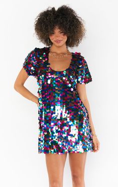 Shine in our Sweet Emi Mini Dress. With a sleek scoop neck and slim fit, it's the perfect blend of sparkle and style! Style to perfection with platform heels and your boldest accessories! More Time To Shine Mini Dress, Shiny Rainbow Dress, What Earrings To Wear With Sequin Dress, Kate Spade Sequin Dress, Mini Party Dress, Bold Accessories, Mini Dresses Online, Taylor Swift Concert, Mini Party