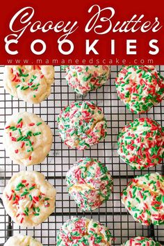 Looking for a delicious and easy holiday treat to make this Christmas? Look no further than Gooey Butter Cake Cookies made with cake mix! These cookies are a delightful mix of gooey, buttery, and sweet flavors and decorated with Christmas sprinkles. Gooey Butter Cookies Christmas, Cake Batter Christmas Cookies, Cake Mix Butter Cookies, Christmas Gooey Butter Cookies, Cake Mix Cookies Christmas, Cookies With Cake Mix Boxes, Cake Mix Snickerdoodle Cookies, Gooey Butter Cake Cookies, Cake Mix Peanut Butter Cookies