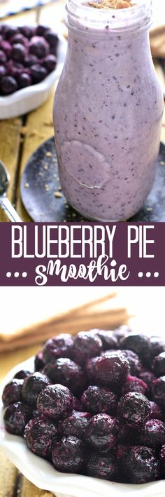 blueberry pie smoothie in a mason jar on a plate with spoons next to it