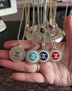 Designer Upcycled Button Necklace CC | TheBrownEyedGirl Boutique Luxury Silver Medallion Necklace, Silver Round Medallion Necklace With Adjustable Chain, Silver Round Medallion Necklace With Charms, Necklaces Chain, Button Necklace, Teal And Gold, Gold Buttons, Cozy Sweaters, Diamond Cut