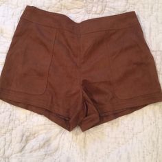 Faux Suede Brown Shorts. Never Worn Brown Stretch High-waisted Shorts, Cheap Brown Bottoms With Built-in Shorts, Brown Athletic Shorts With Built-in Stretch, Brown High-waist Shorts With Elastic Waistband, Suede Shorts, Brown Shorts, Faux Suede, Forever 21, Womens Shorts